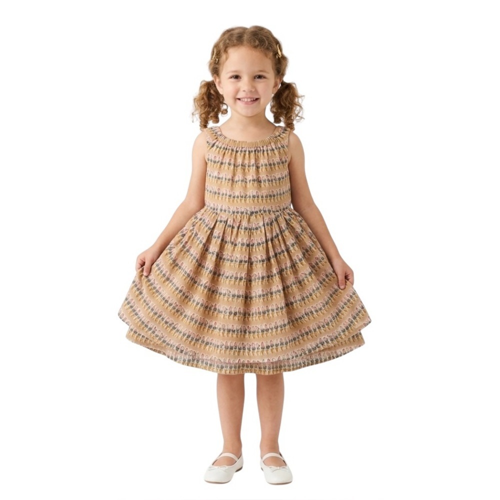 Crewcuts Girls Potted Tulip Print Party Dress Sz 5 Tan Pockets Whimsical Neutral